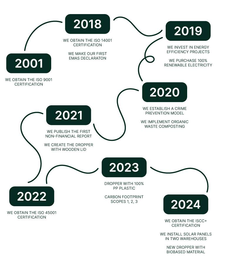 Infographic of Sustainable Actions Taken by Virospack from 2001 to 2024